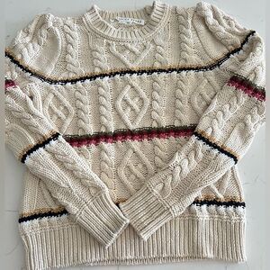 Veronica Beard Cream Cable Knit Sweater with Colorful Stripes